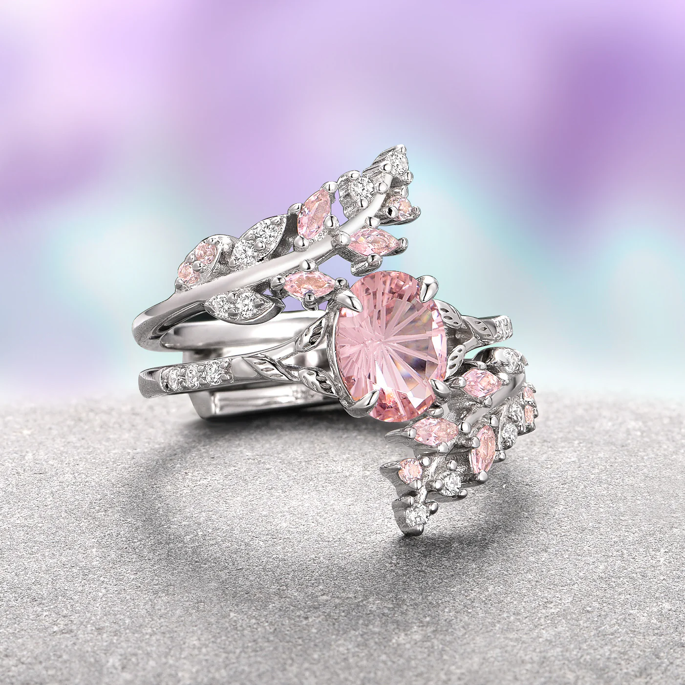 Fireworks Cut Morganite & Moonstone Leaf Couples Ring Set - Image 7