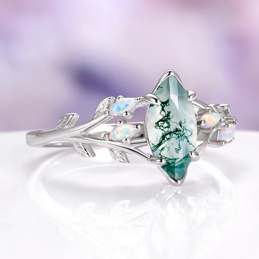 Moss Agate & Fire Opal Fairy Leaf Ring in 14K White Gold - Image 4