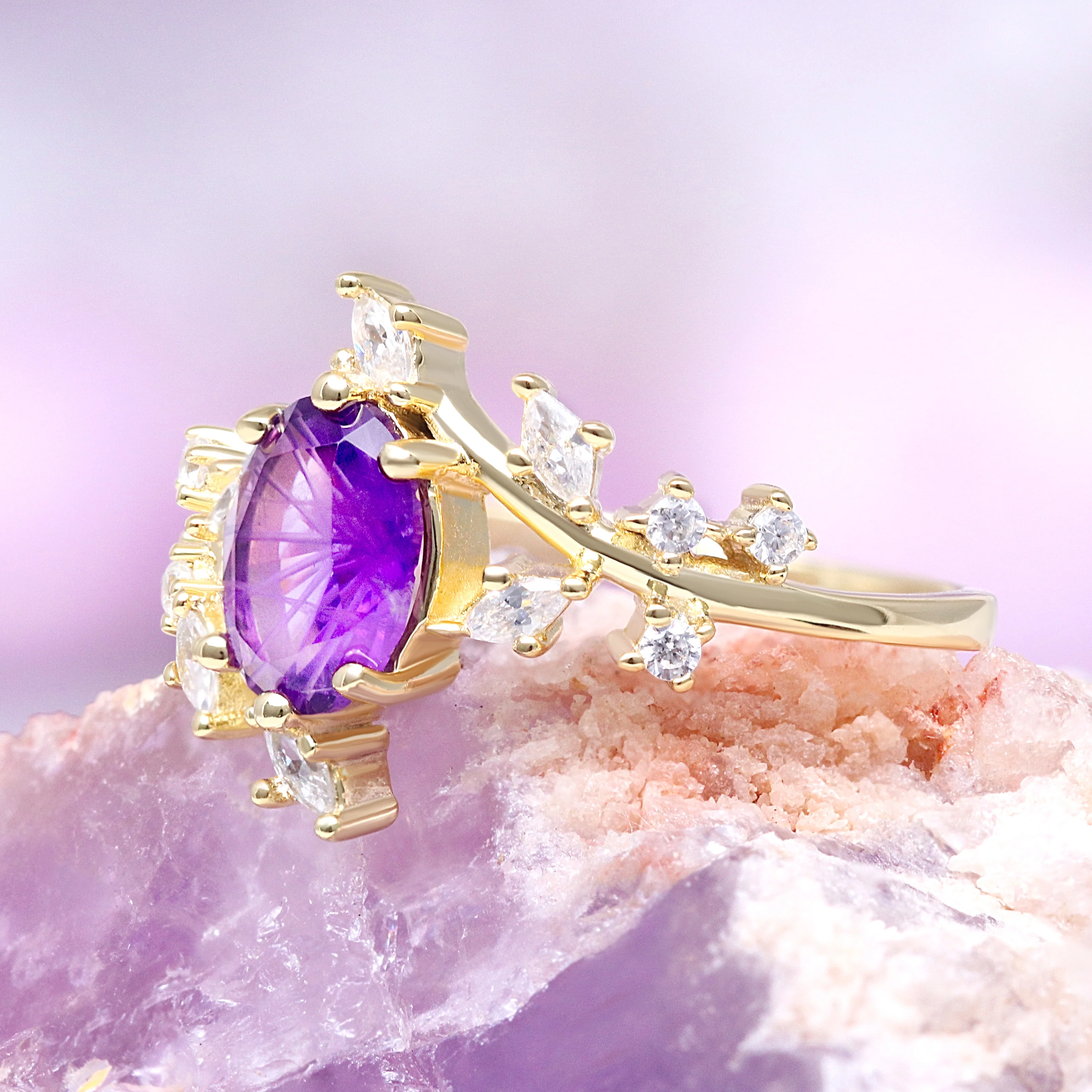 Amethyst and Galaxy Fire Opal Leaf Couples Ring Set - Image 5