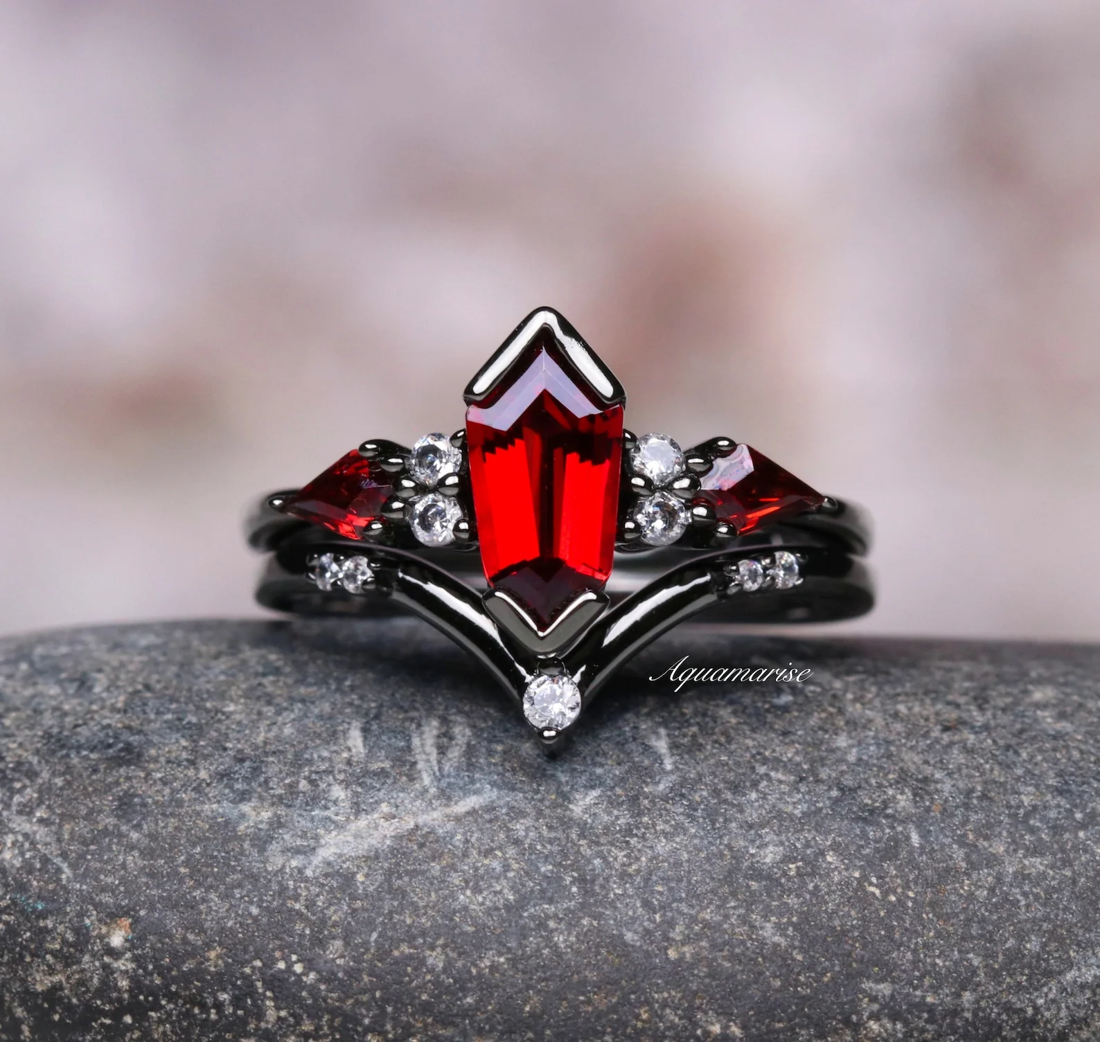 Natural Garnet & Red Fire Opal Couples Ring Set - Image 3