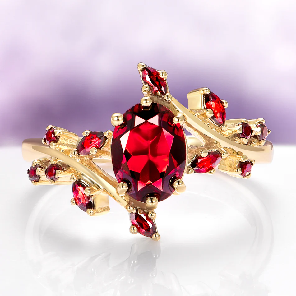 Natural Garnet & Red Fire Opal Leaf Couples Ring Set - Image 4