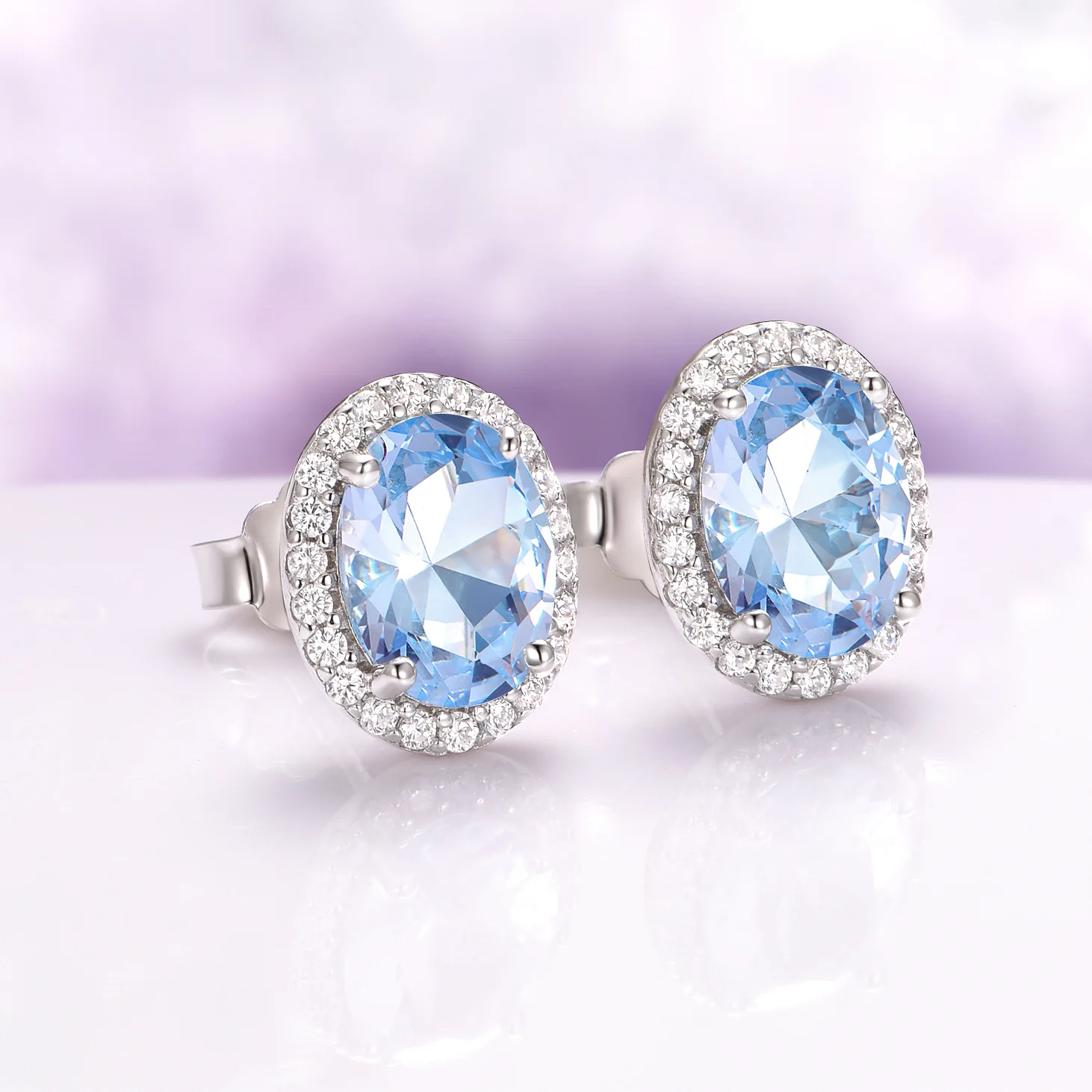 Iris Oval Aquamarine Stud Earrings in Sterling Silver - Image 3