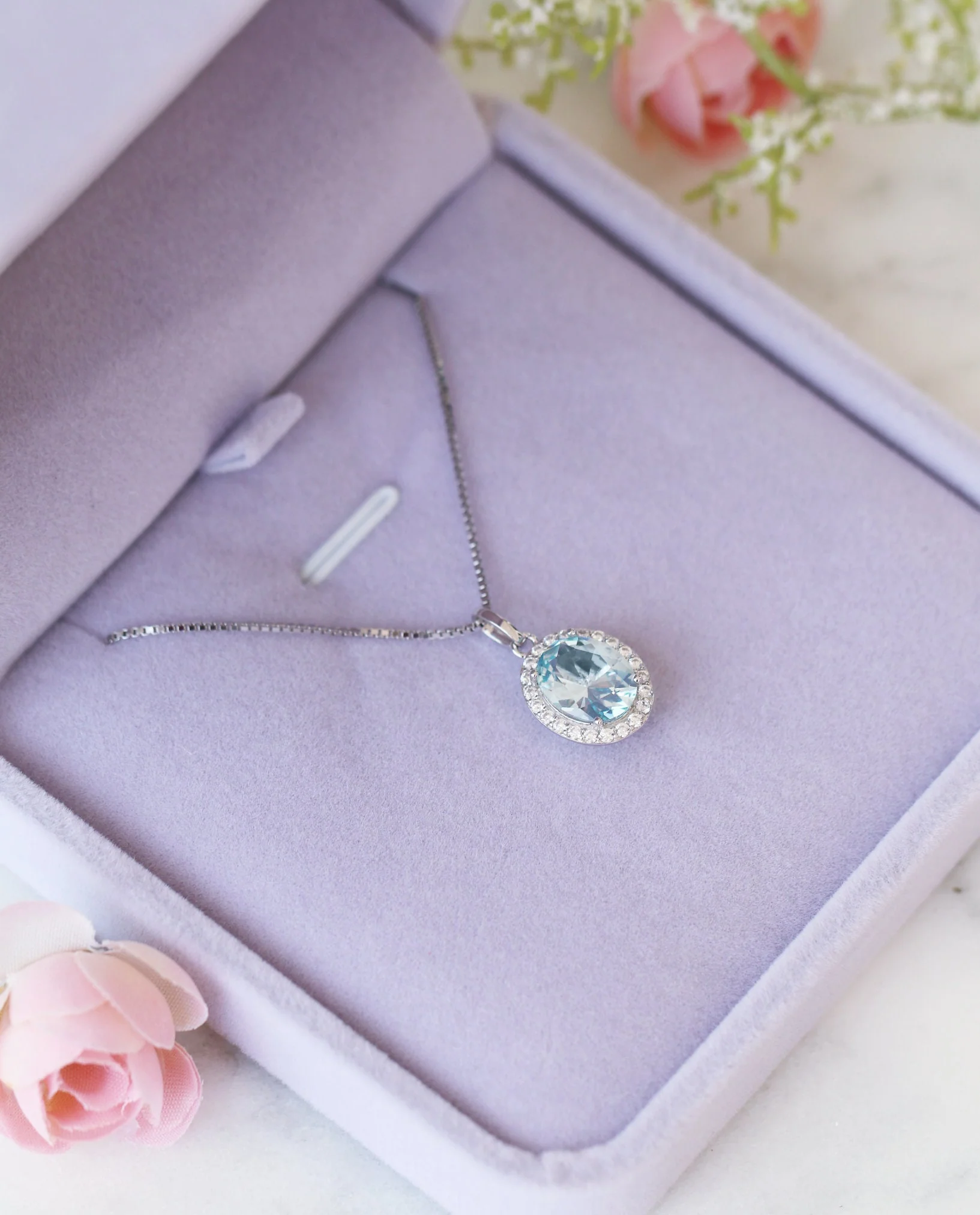 Iris Halo Oval Aquamarine Necklace in Sterling Silver - Image 3