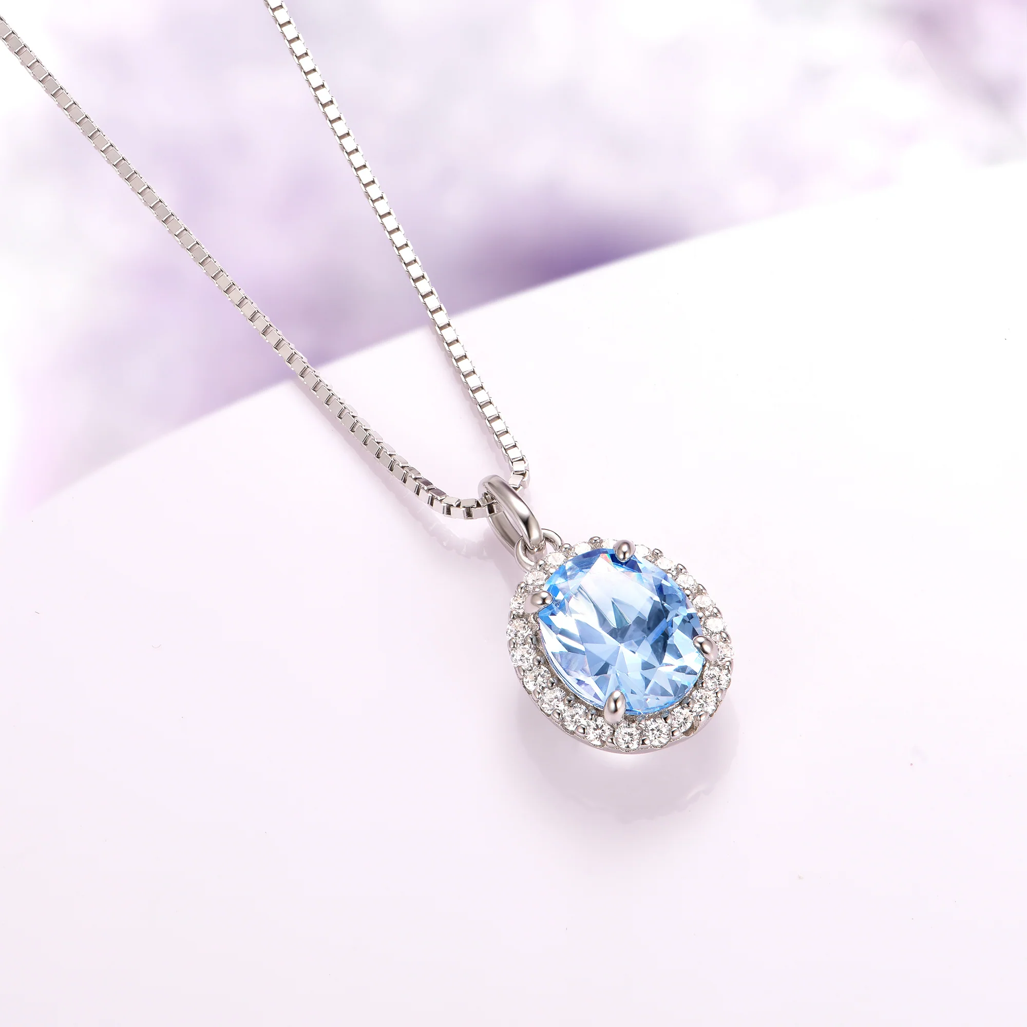 Iris Halo Oval Aquamarine Necklace in Sterling Silver - Image 4