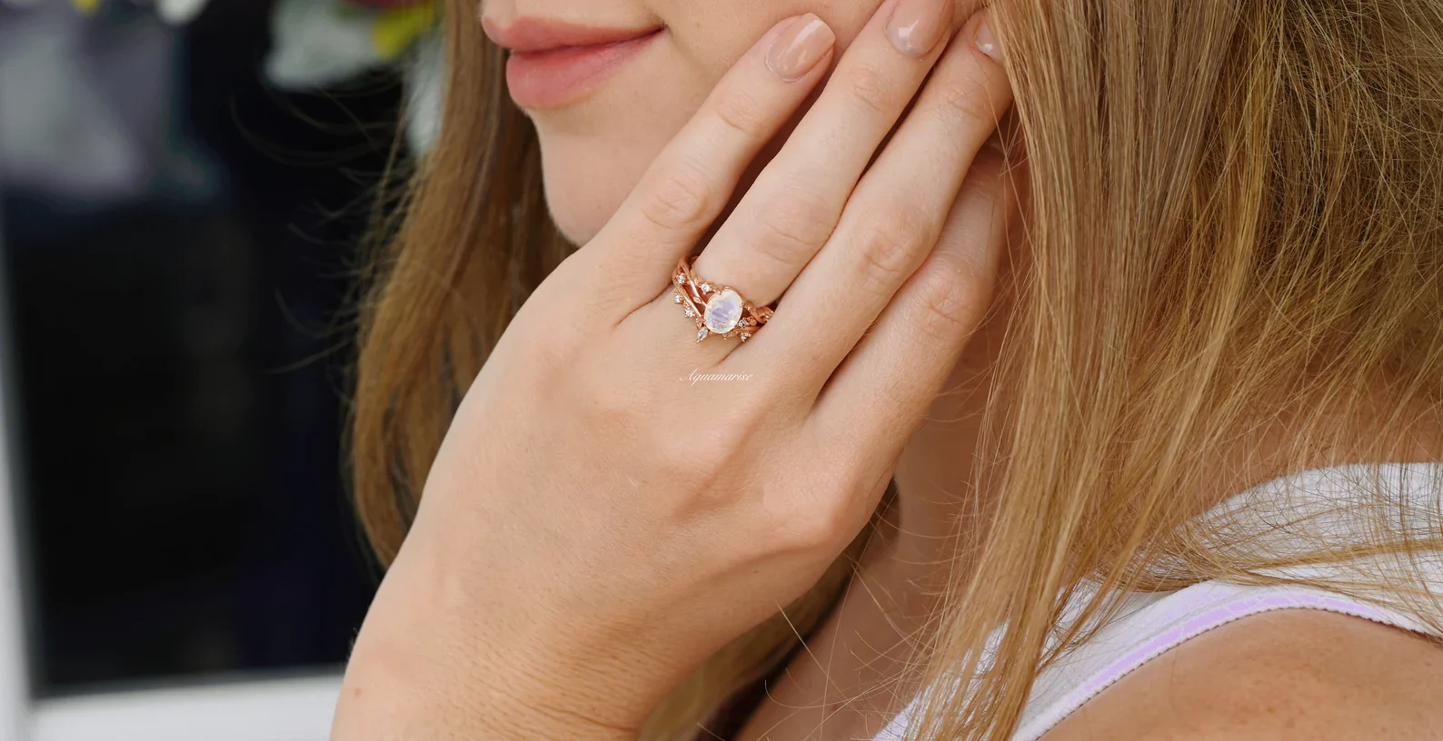 Moonstone Leaf Engagement Ring Set in 14K Solid Rose Gold - Image 3