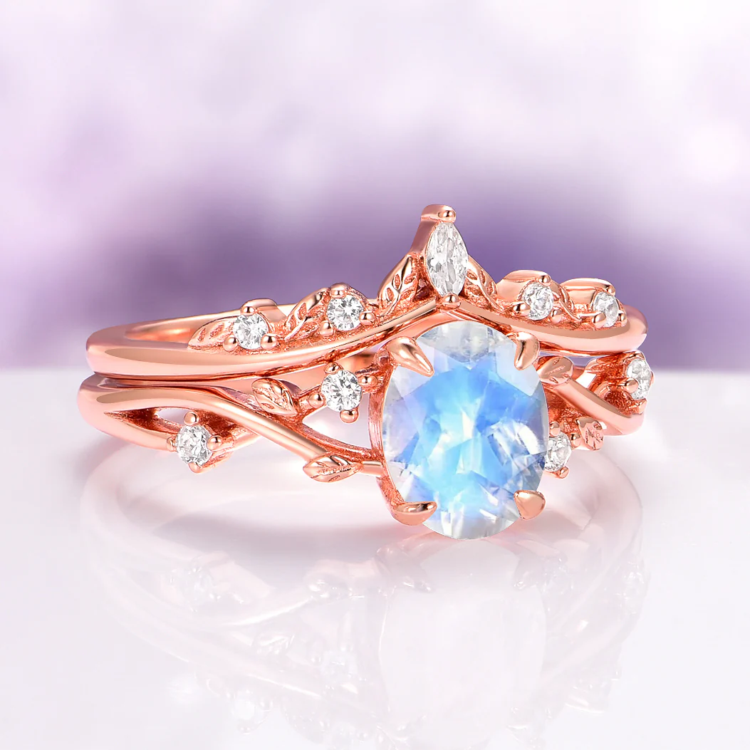 Moonstone Leaf Engagement Ring Set in 14K Solid Rose Gold - Image 5