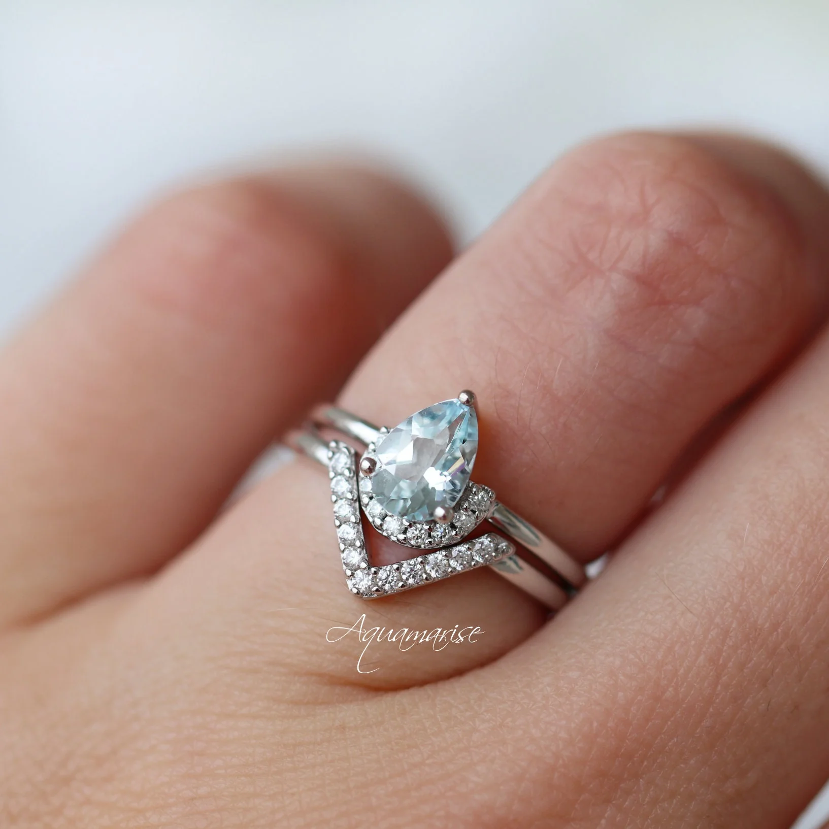 Pear Aquamarine Chevron Stacking Ring Set in Sterling Silver - Image 3