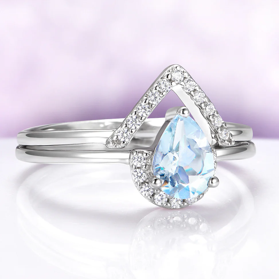 Pear Aquamarine Chevron Stacking Ring Set in Sterling Silver - Image 4
