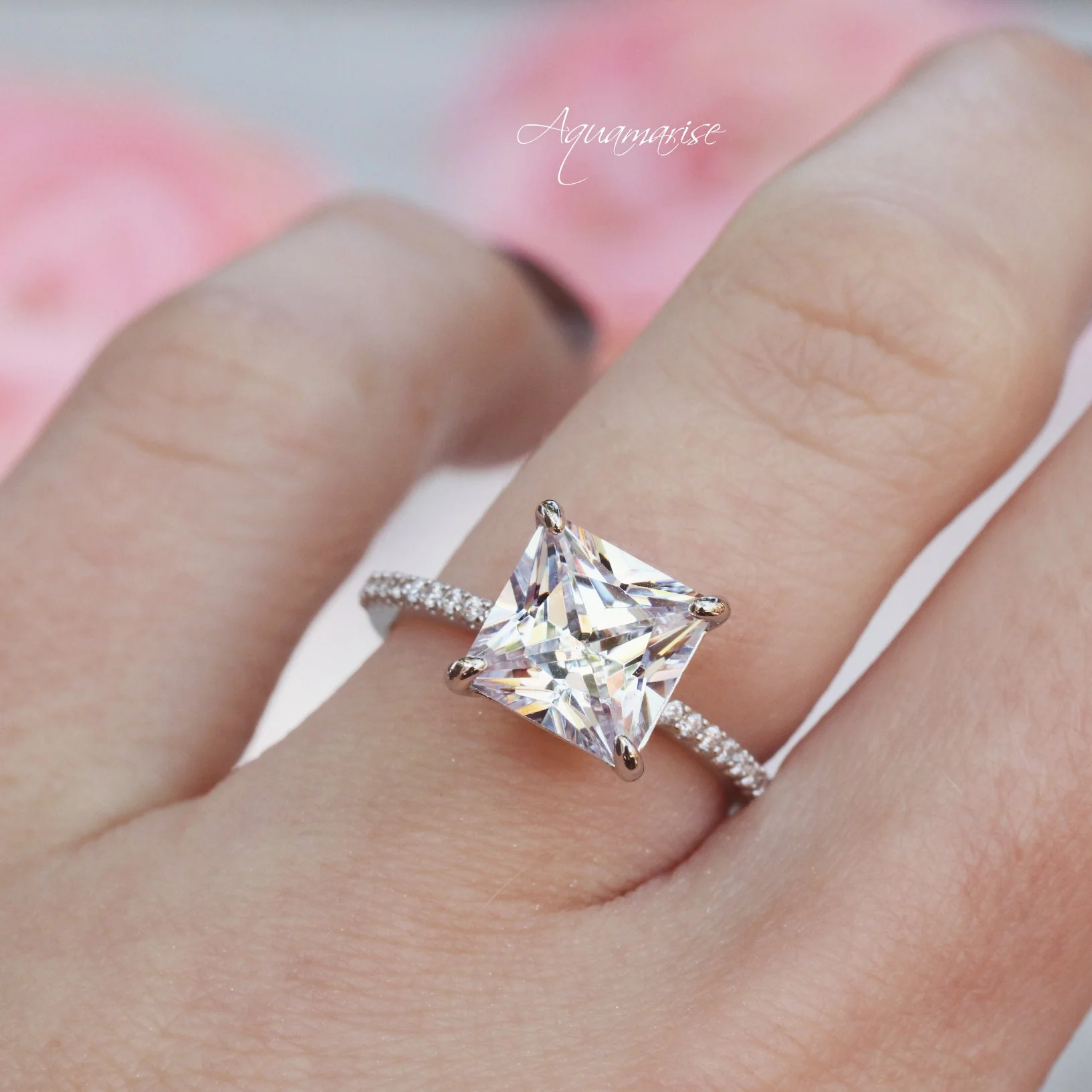 Princess Cut Simulated Diamond Engagement Ring in Sterling Silver - Image 3