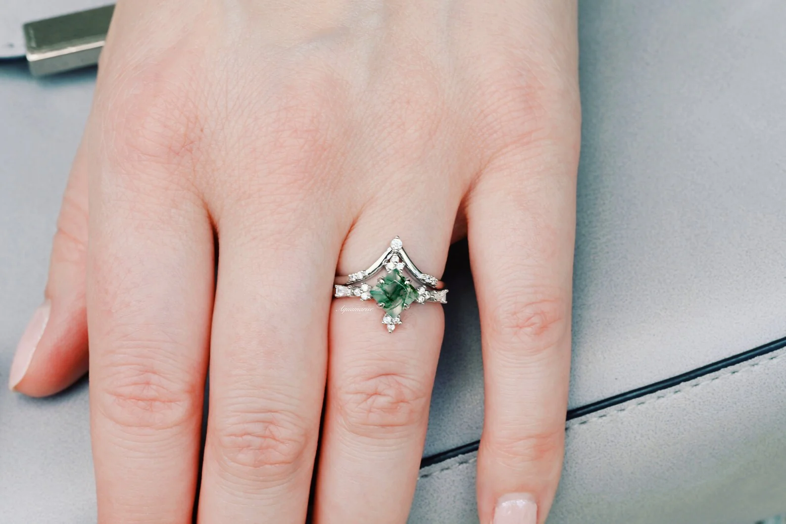 Princess Cut Moss Agate Engagement Ring Set in 14K White Gold - Image 3