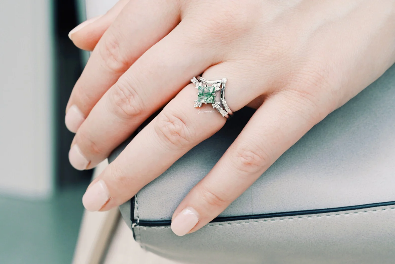 Princess Cut Moss Agate Engagement Ring Set in 14K White Gold - Image 5