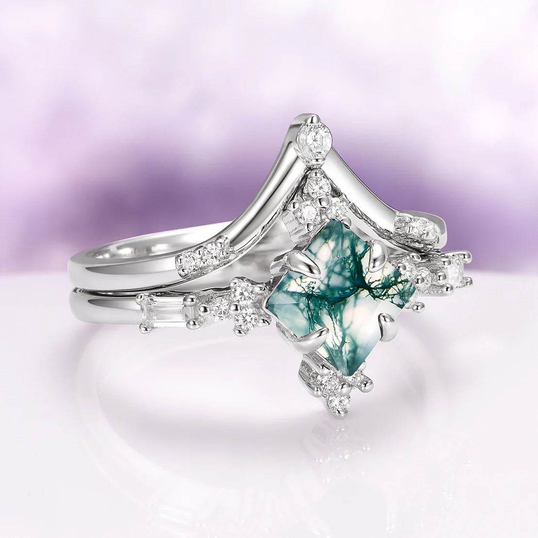 Princess Cut Moss Agate Engagement Ring Set in 14K White Gold - Image 6