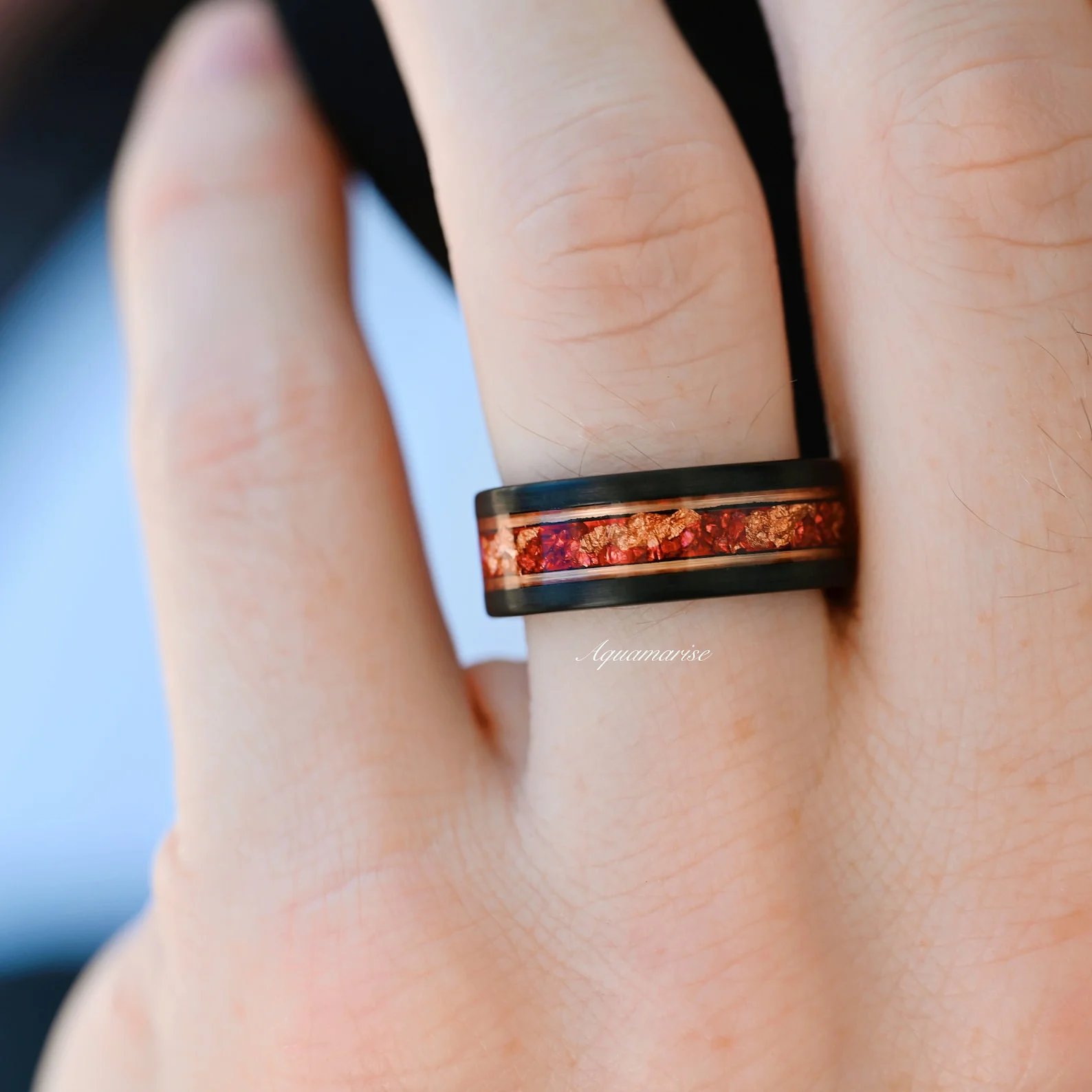 Coffin Cut Ruby and Rose Gold Leaf Couples Ring Set - Image 4