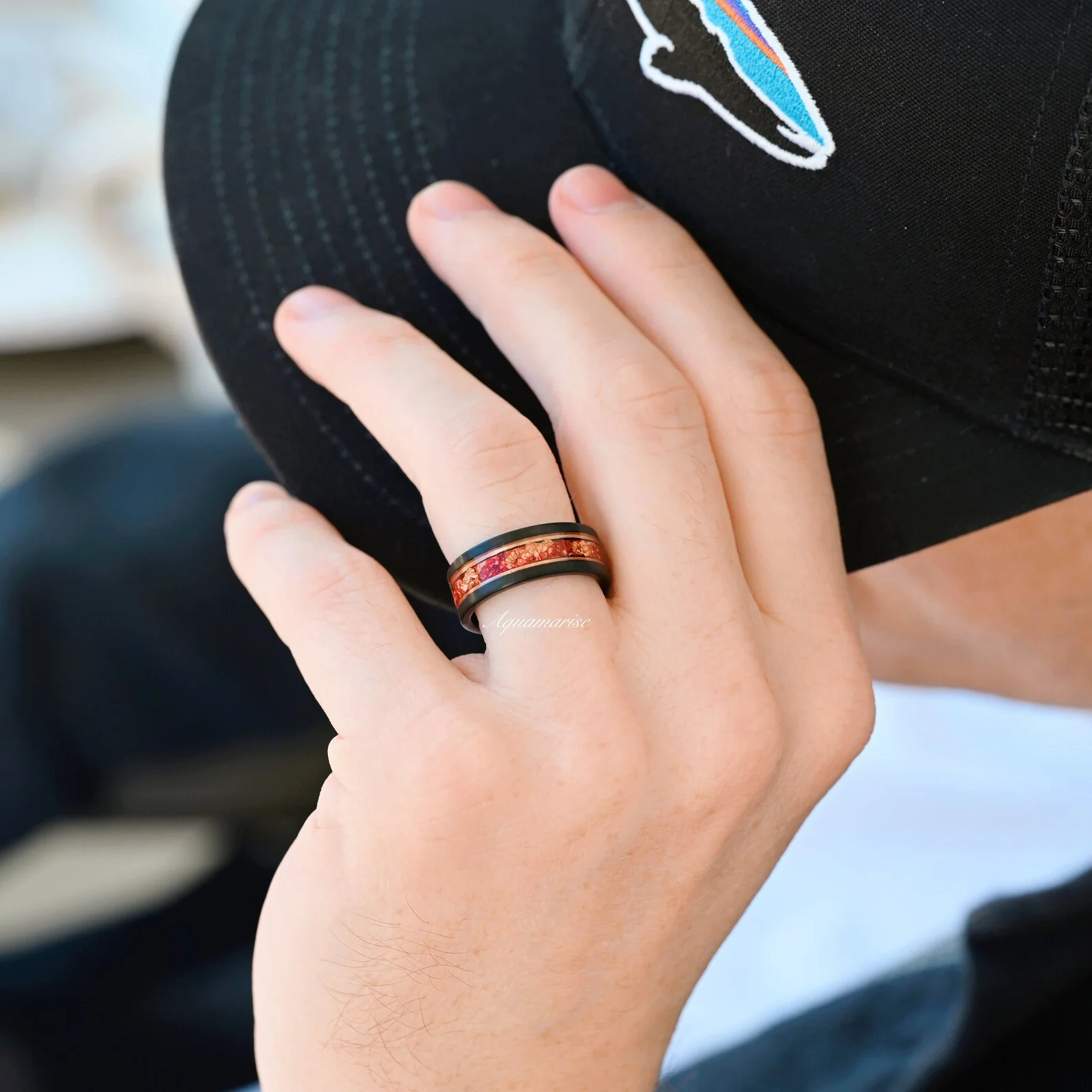 Coffin Cut Ruby and Rose Gold Leaf Couples Ring Set - Image 5