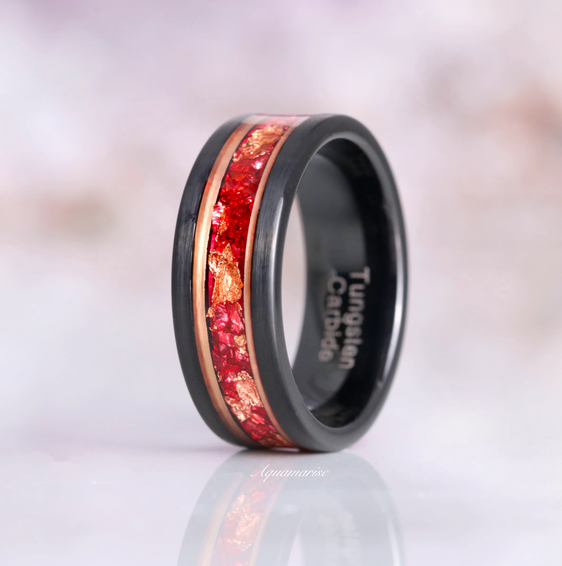 Coffin Cut Ruby and Rose Gold Leaf Couples Ring Set - Image 8