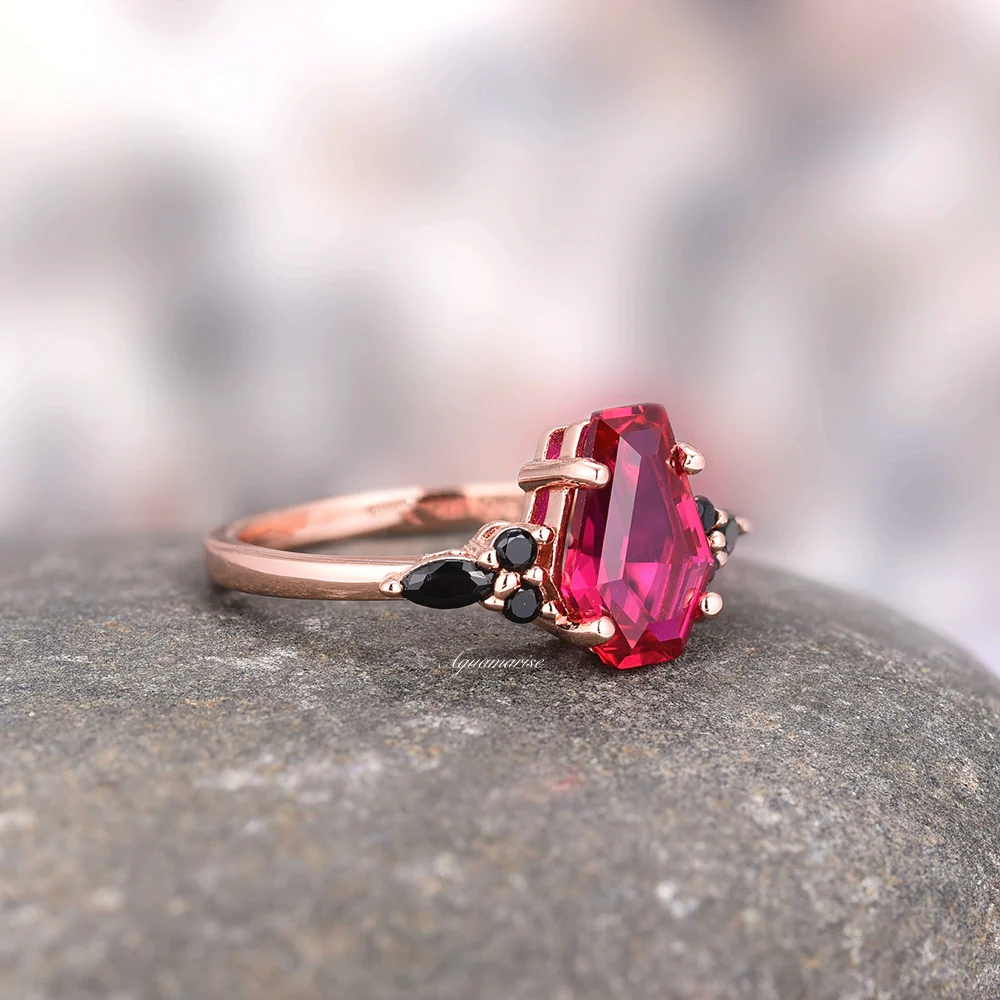 Coffin Cut Ruby and Rose Gold Leaf Couples Ring Set - Image 9
