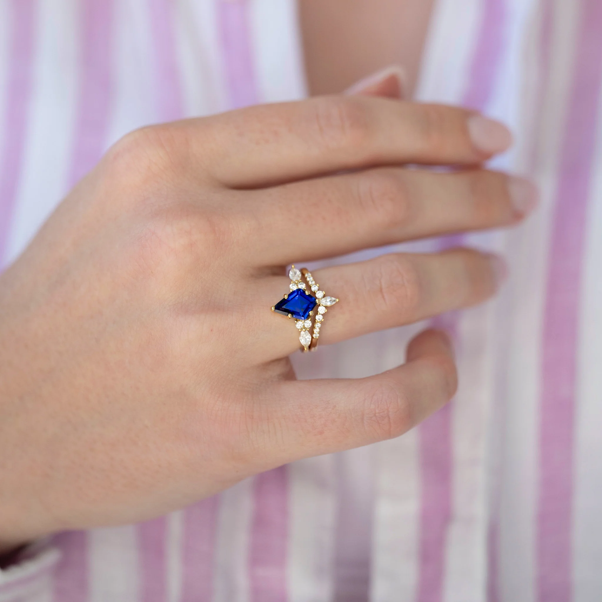 Skye Kite® Blue Sapphire & Gold Leaf Couples Ring Set - Image 4