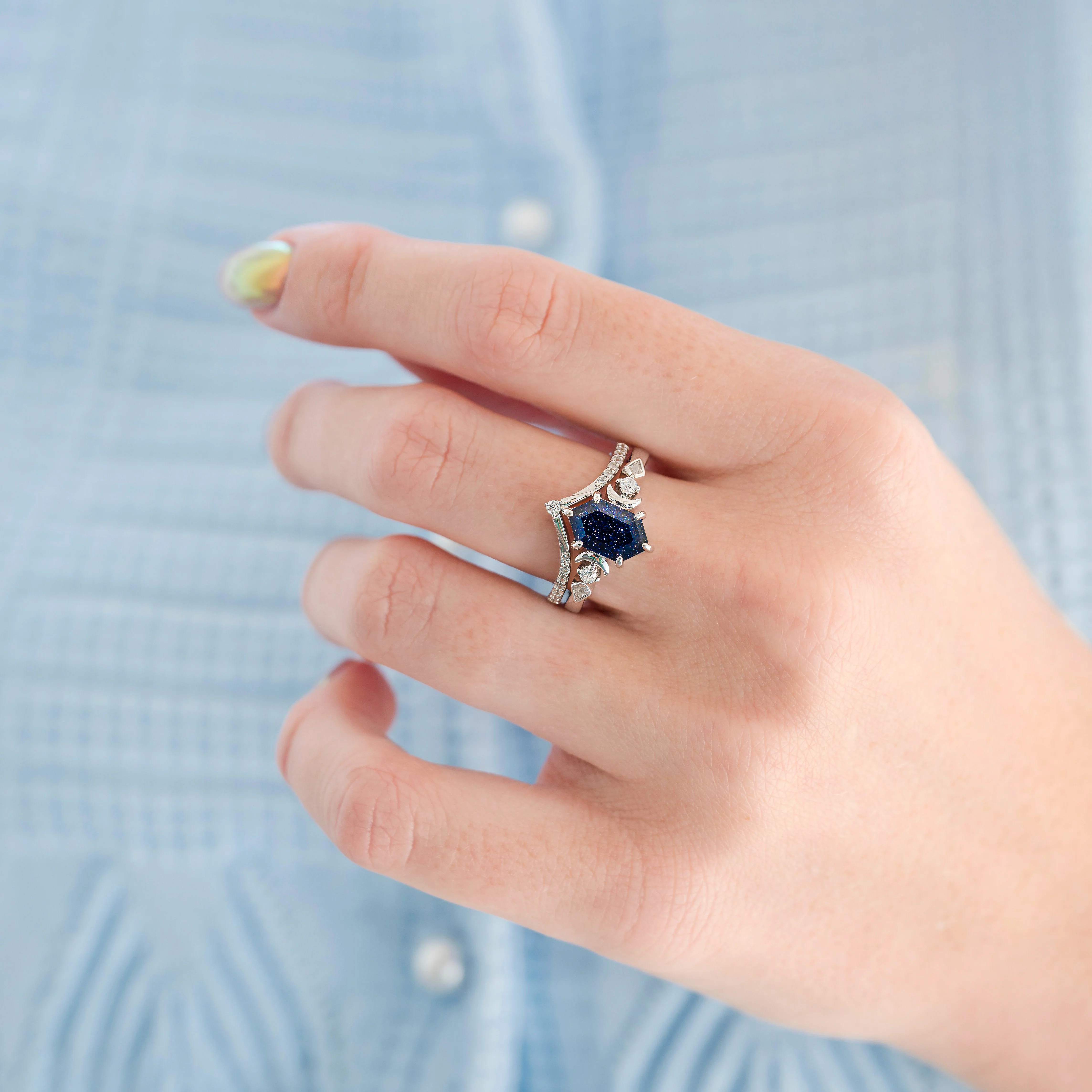 Elara Starry Night Crescent Moon Engagement Ring Set in Sterling Silver - Image 4