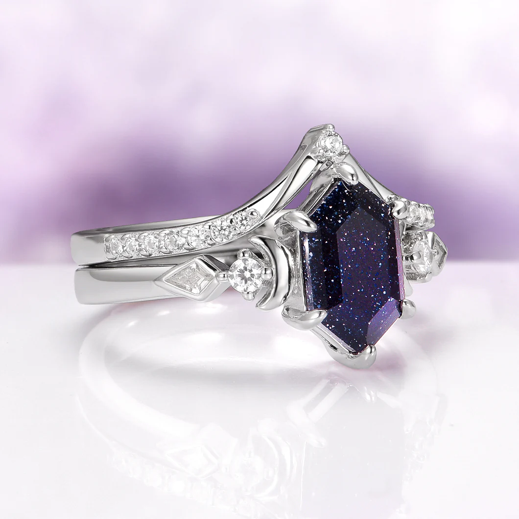 Elara Starry Night Crescent Moon Engagement Ring Set in Sterling Silver - Image 5