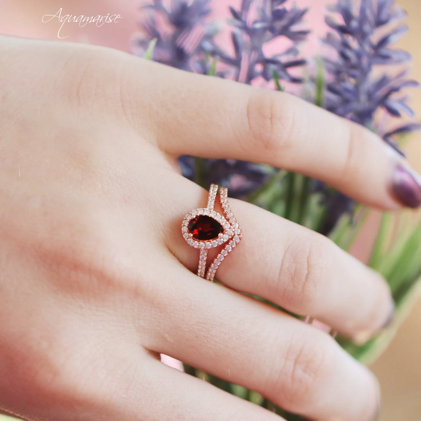 Teardrop Garnet Ring in 14K Rose Gold Vermeil - Image 3