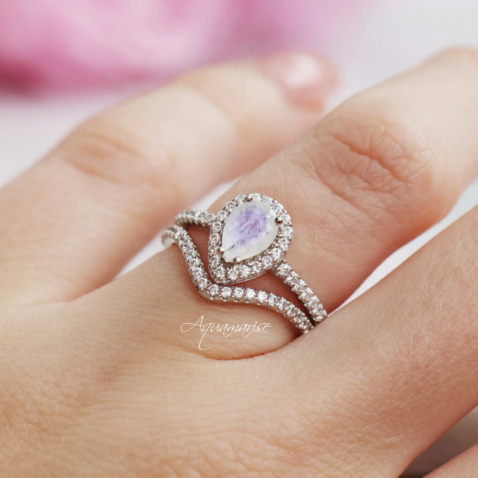 Natural Moonstone Teardrop Halo Ring in Sterling Silver - Image 3