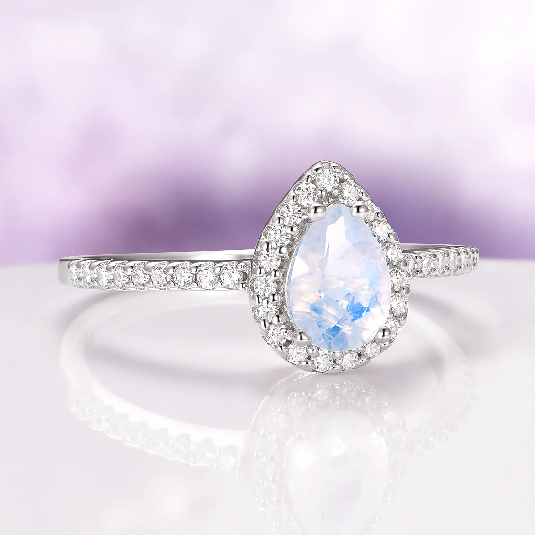 Natural Moonstone Teardrop Halo Ring in Sterling Silver - Image 4