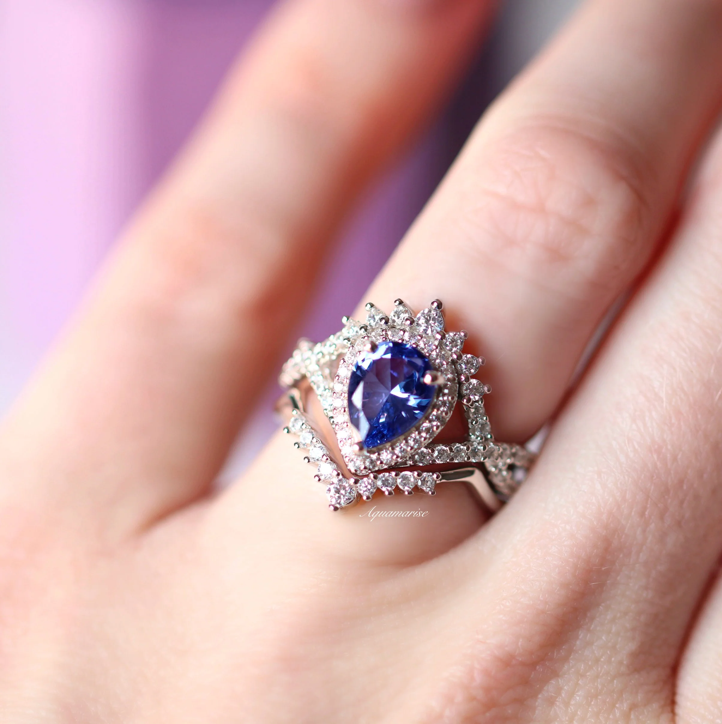 Teardrop Tanzanite Engagement Ring Set in 14K White Gold - Image 3