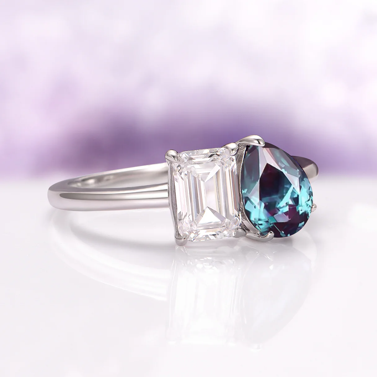 Toi Et Moi Alexandrite & Moissanite Engagement Ring in 14K White Gold - Image 3