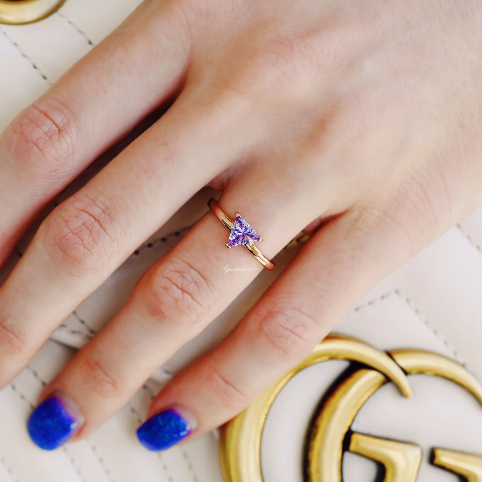 Minimalist Triangle Cut Alexandrite Ring in 14K Rose Gold Vermeil - Image 3