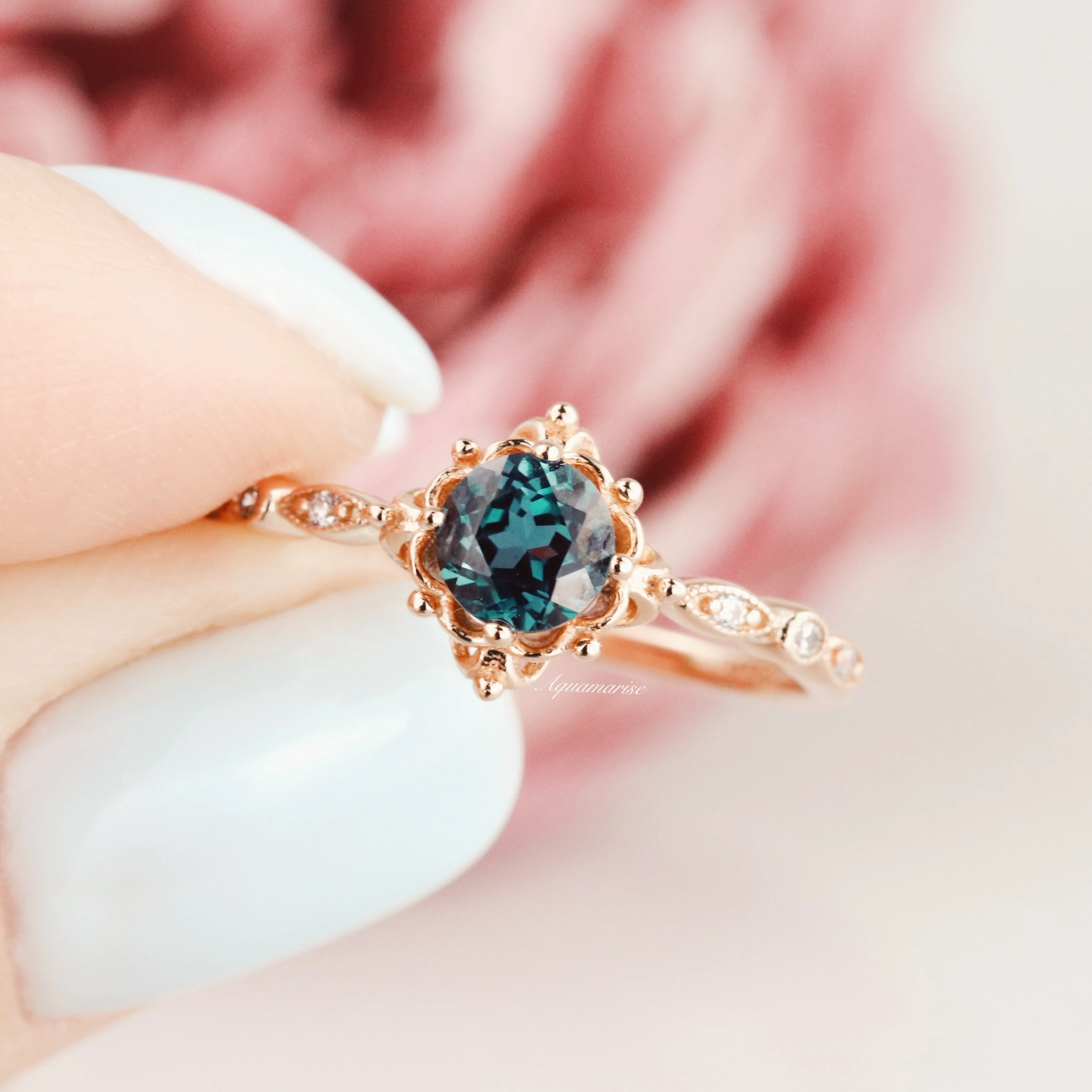 Vintage Alexandrite Fairytale Engagement Ring in 14K Rose Gold Vermeil - Image 8