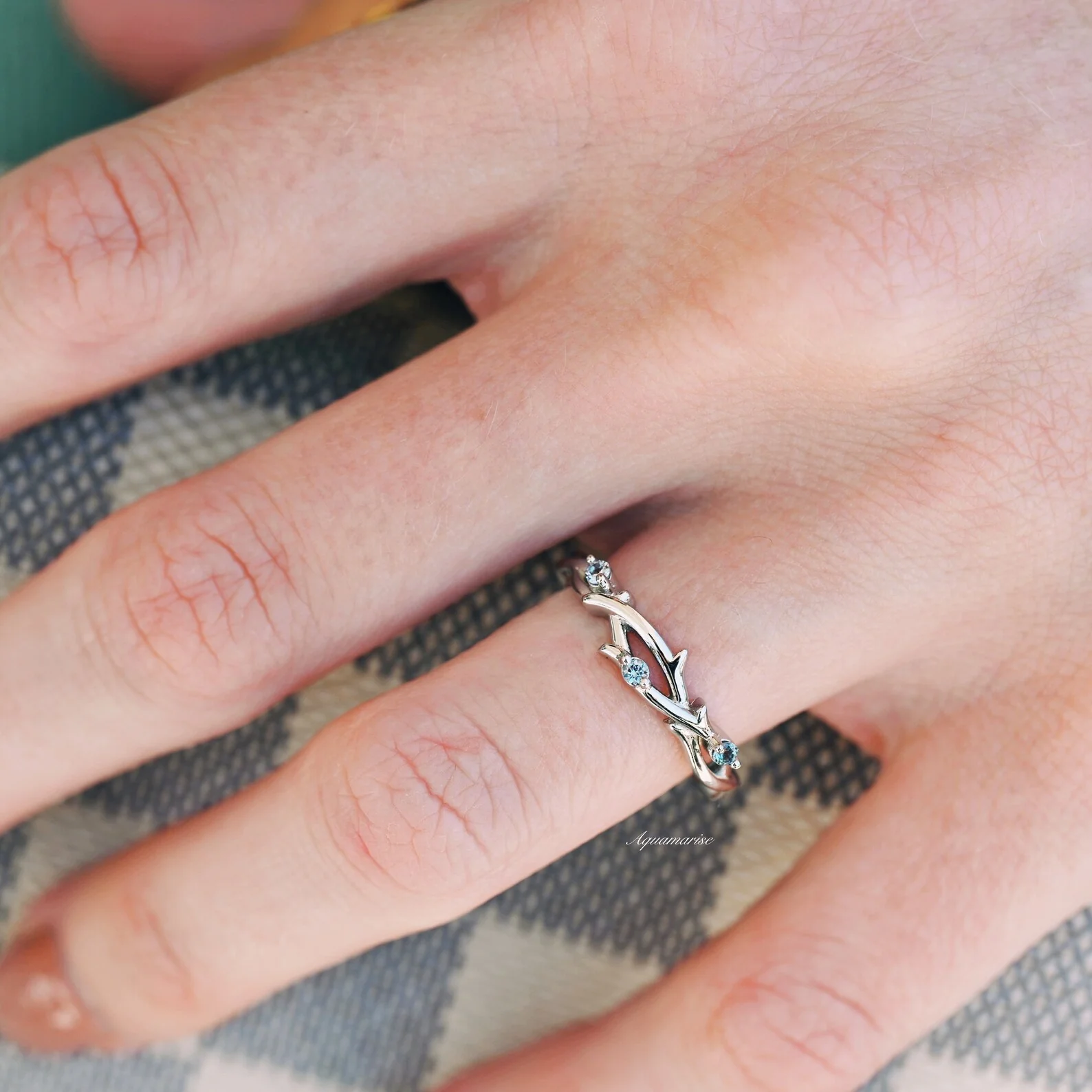 Whimsical Alexandrite Leaf Twig Wedding Band in 14K White Gold - Image 3