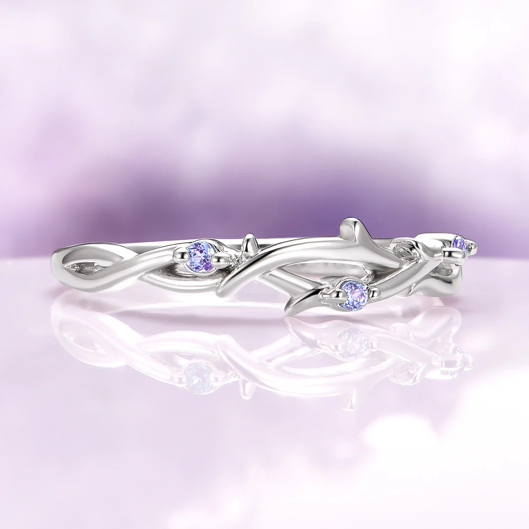 Whimsical Alexandrite Leaf Twig Wedding Band in 14K White Gold - Image 4