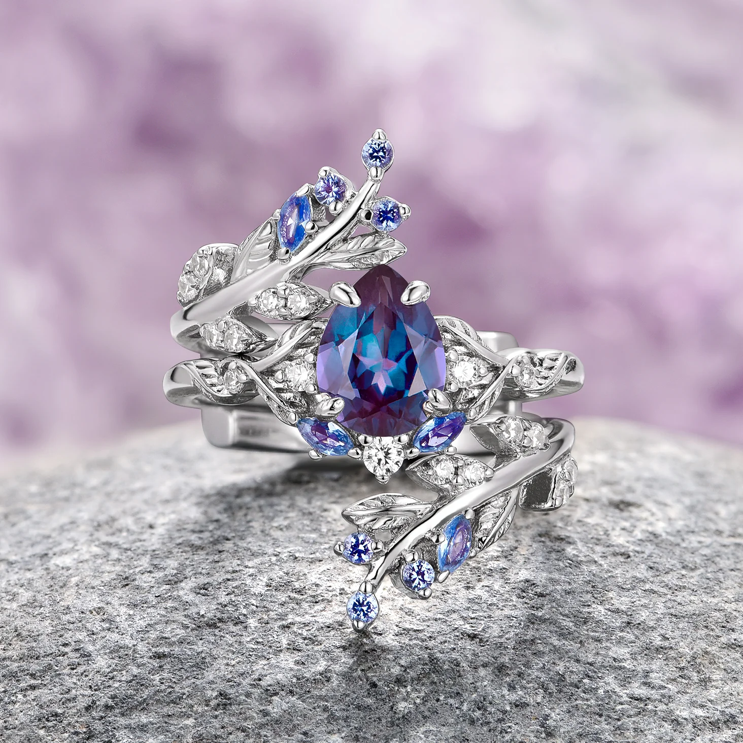 Wisteria Alexandrite Leaf Couples Ring Set - Image 3