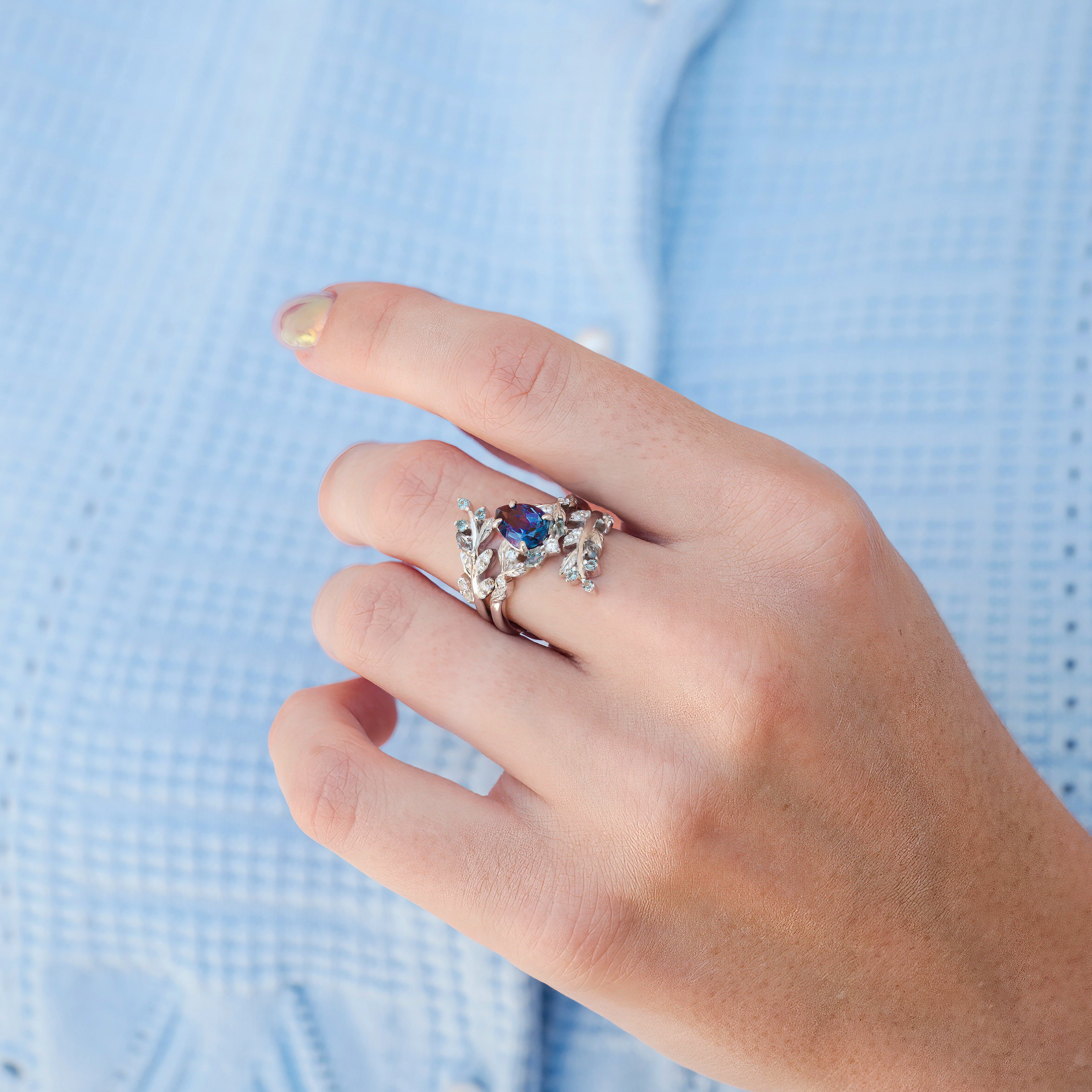 Wisteria Alexandrite Leaf Couples Ring Set - Image 6