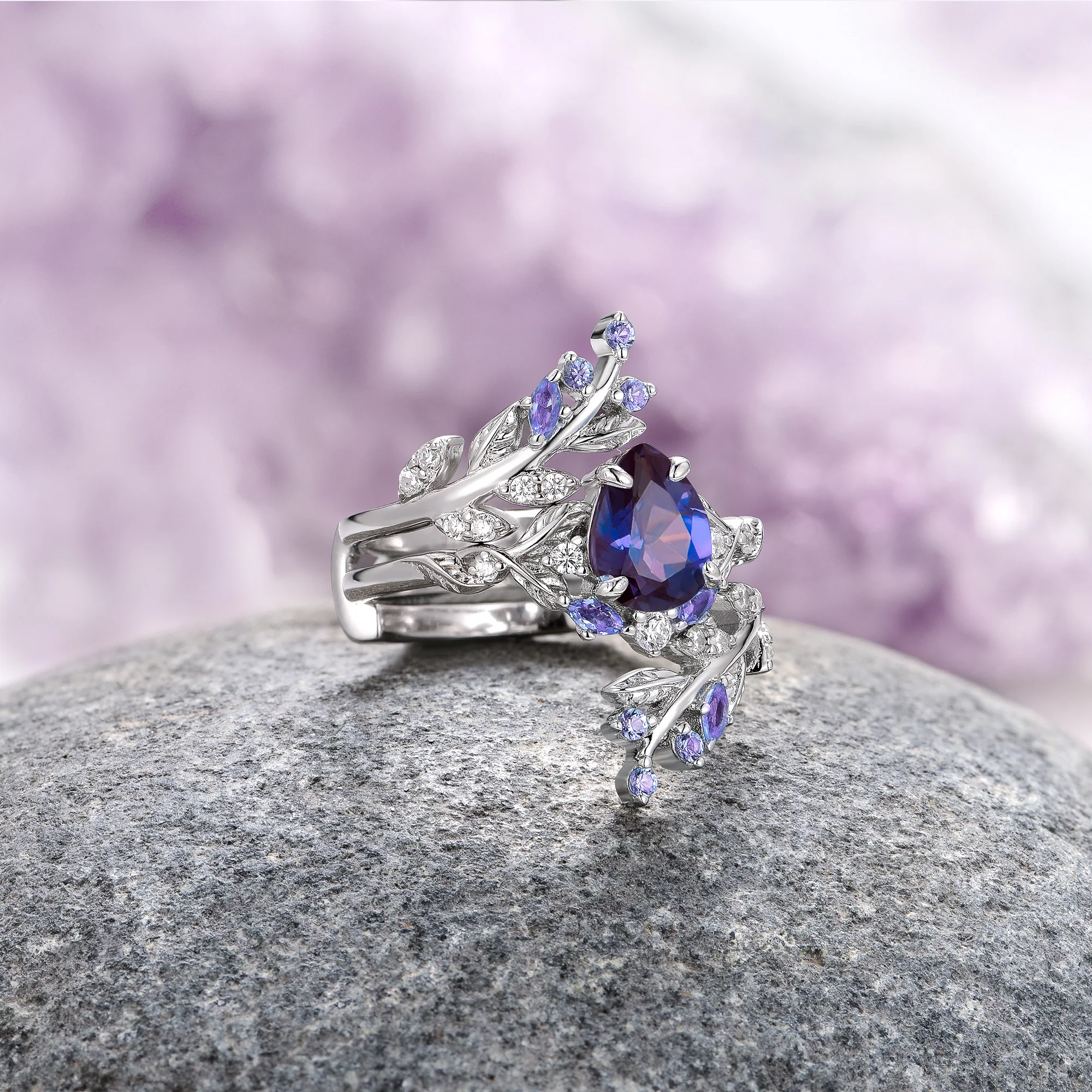Wisteria Alexandrite Leaf Couples Ring Set - Image 7